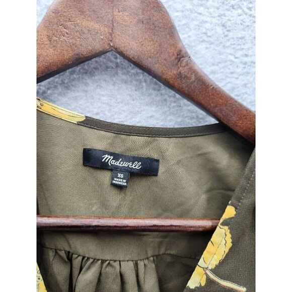 Madewell Womens XS Olive Green Floral Wrap Blouse With Tie Waist & Sheer Sleeves - Picture 3 of 4